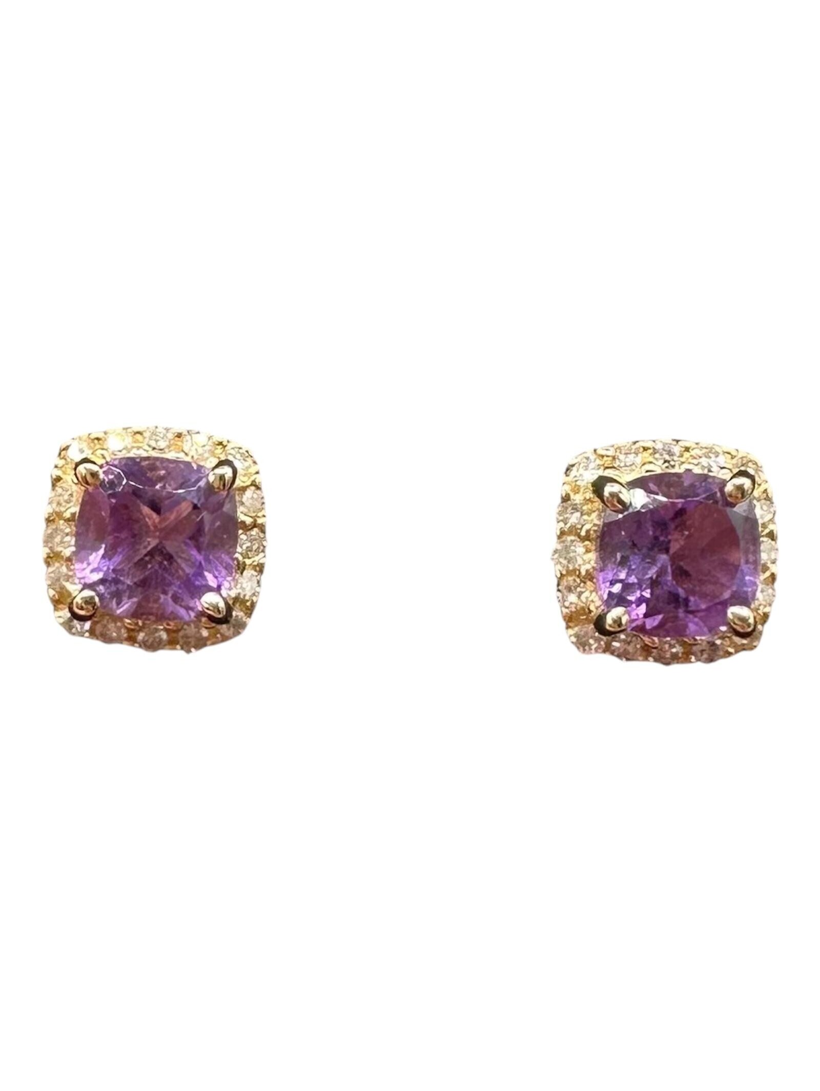 Amethyst Diamond Earrings 10k Yellow Gold Cushion Cut 0.15ctw New